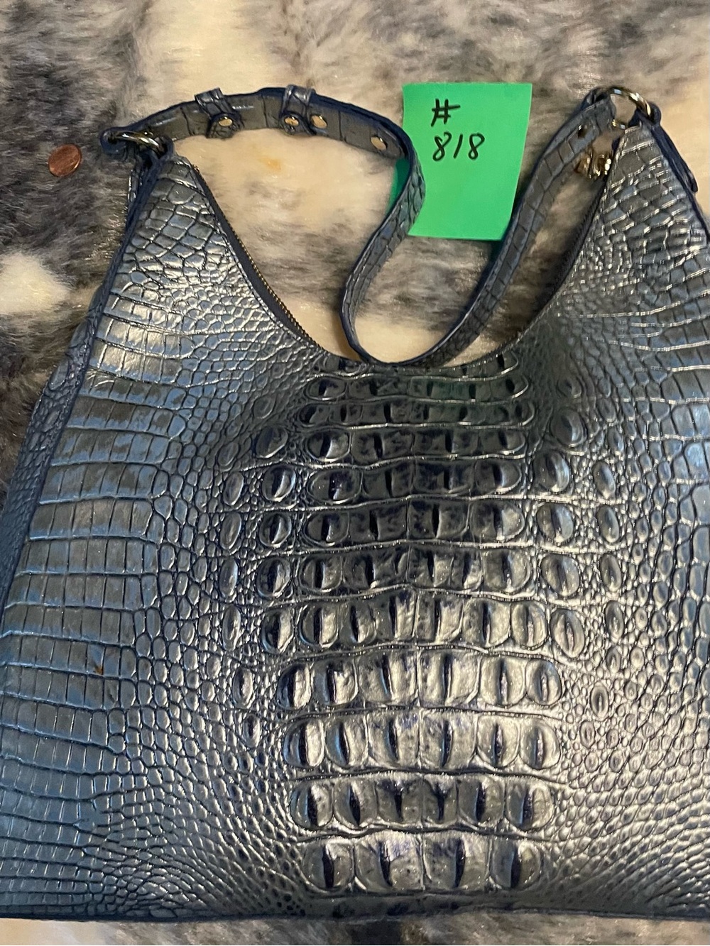 Brahmin Blue Gray Croc Embossed Leather Shoulder Bag